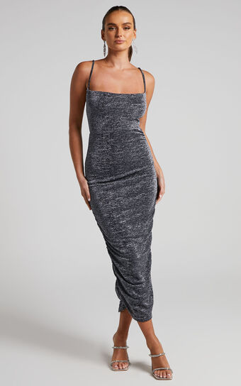 Roma Midi Dress - Ruched Cowl Neck Dress in Silver