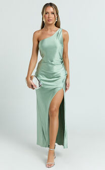 Isla Maxi Dress - Satin One Shoulder Side Split Dress in Sage