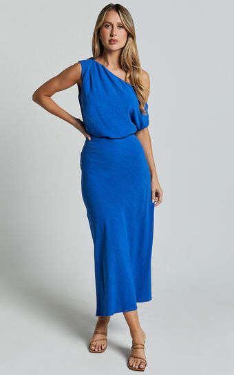 Jacqueline Midi Dress - Linen Look One Shoulder Dress in Cobalt