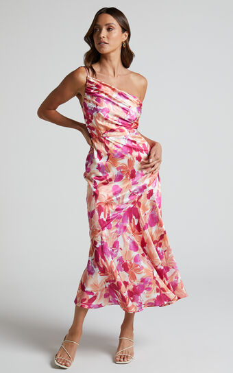 Alyssia Midi Dress - One Shoulder Ruched Satin Dress in Pink Floral No Brand