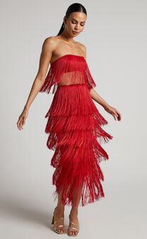 Amalee Two Piece Set - Fringe Strapless Crop Top and Midi Skirt Set in Red