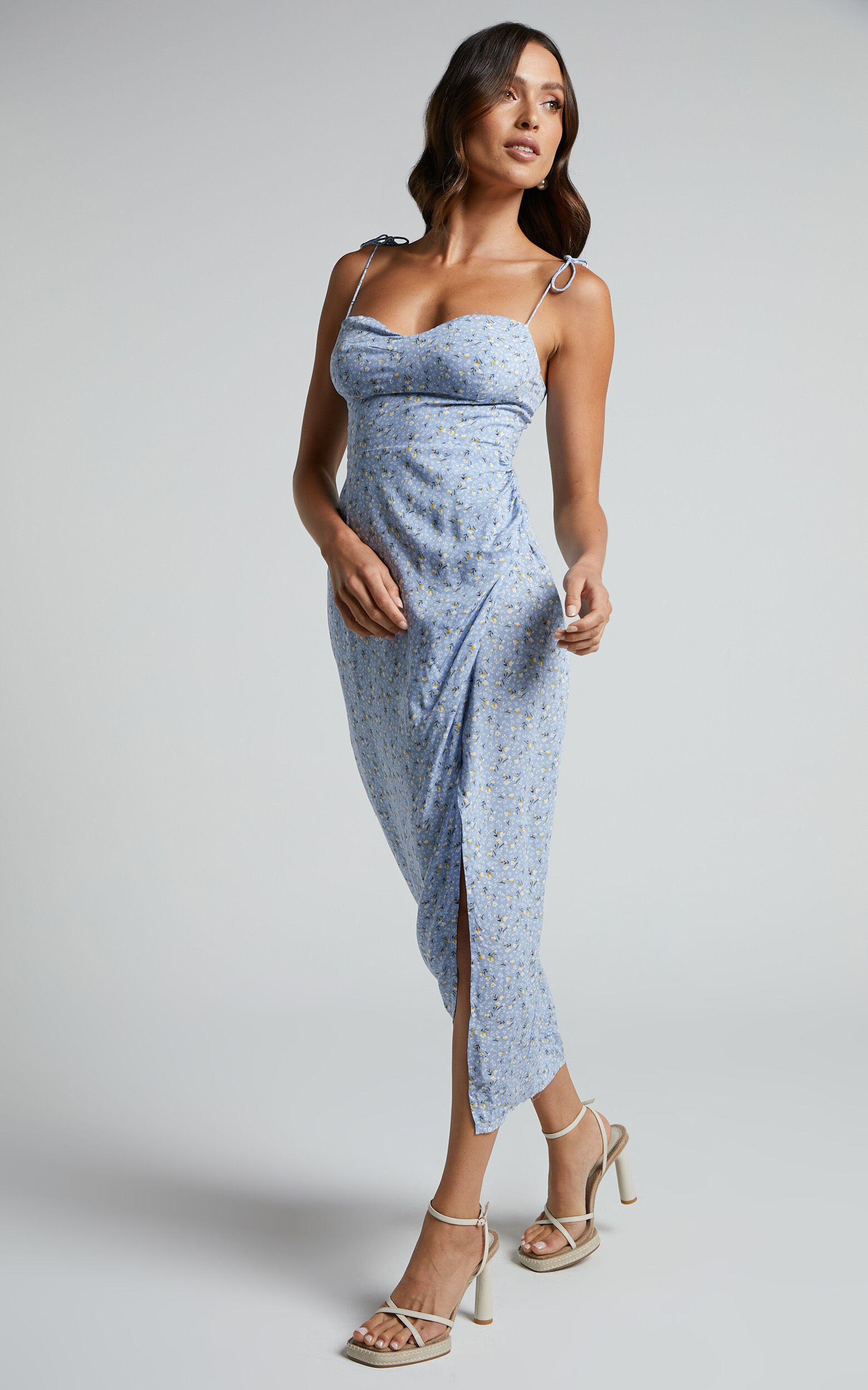 Angelina Midi Dress Shoulder Tie Sweetheart Slip Dress in Blue