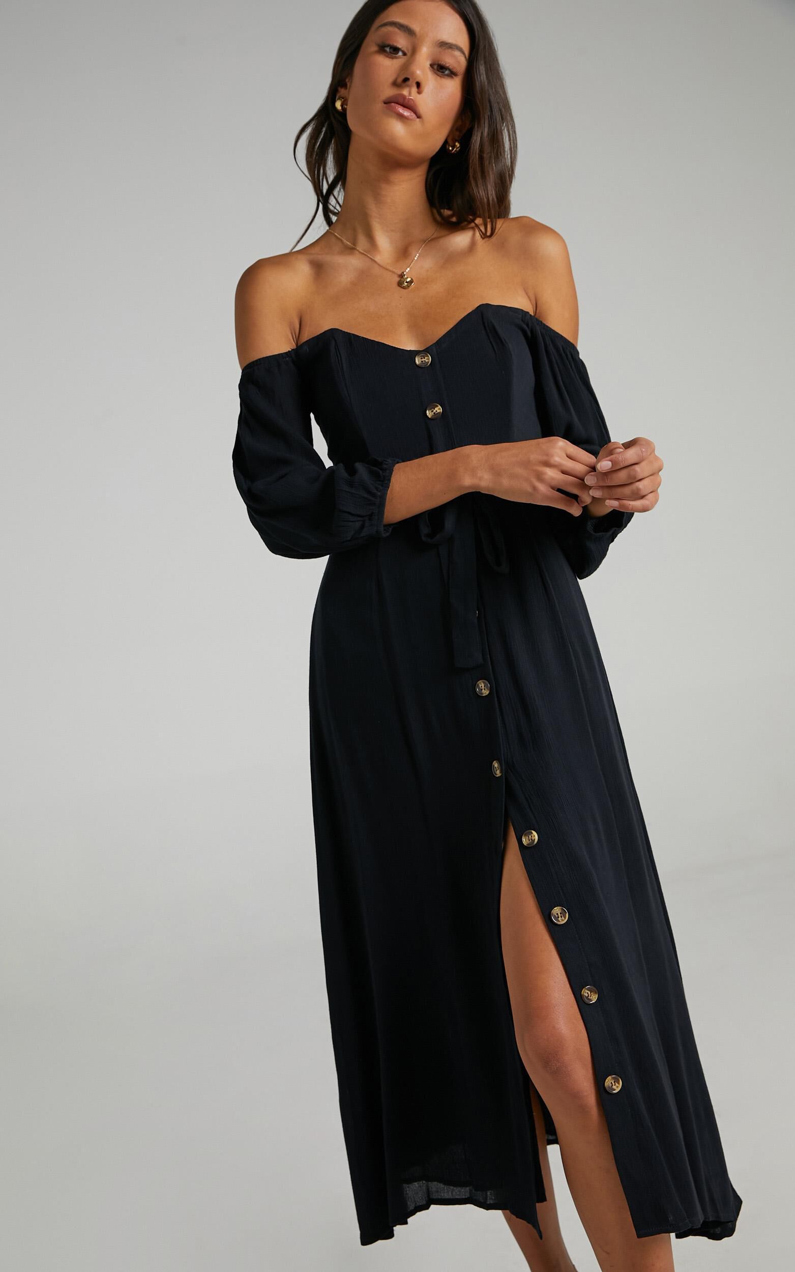 Sorrento Dreaming Midi Dress - Off Shoulder Sleeve Button Through Dress in Black Linen Look - 04, BLK1