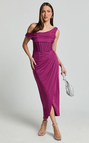 Aidia Midi Dress - One Shoulder Draped Corset Dress in Plum