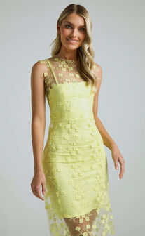 Hazel 3D Flower Net Bodycon Midi Dress in Lemon