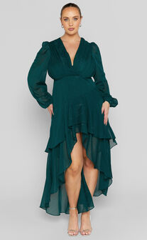 Claudita Midi Dress - Long Sleeve High Low Hem Dress in Emerald