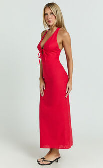 Lyla Midi Dress - Tie Front Plunge Halter Linen Blend Dress in Red