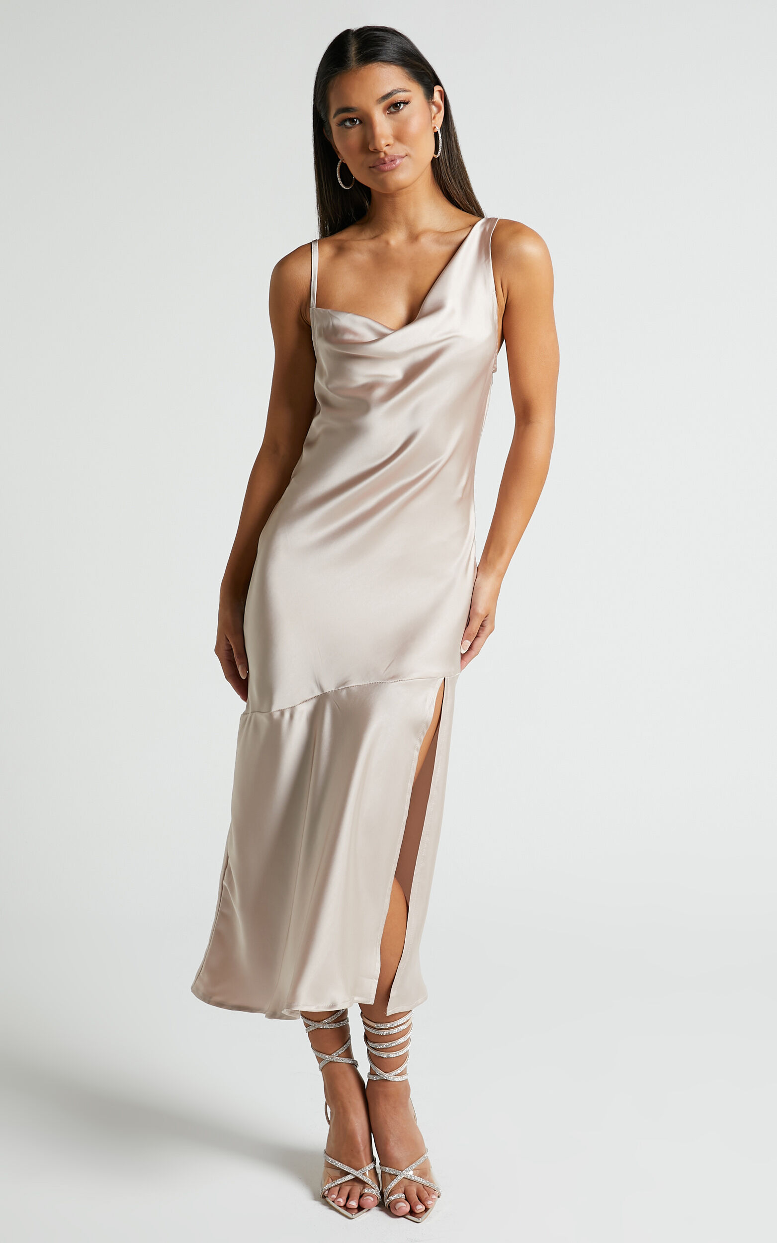 Viola Midi Dress Cowl Neck Asymmetrical Frill Dress in Champagne