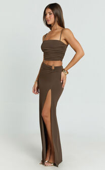 Adalee Two Piece Top and Skirt Set - Square Neck Gold Hardware Detail Top And Low Waist Maxi Skirt in Chocolate