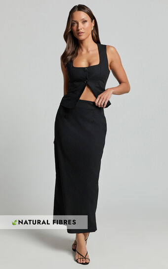 Elias Two Piece Set - Linen Look Square Neck Vest Top And Column Midi Skirt in Black