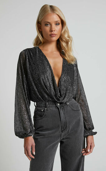 Allanna Bodysuit - Long Sleeve Lurex Bodysuit in Black and Silver