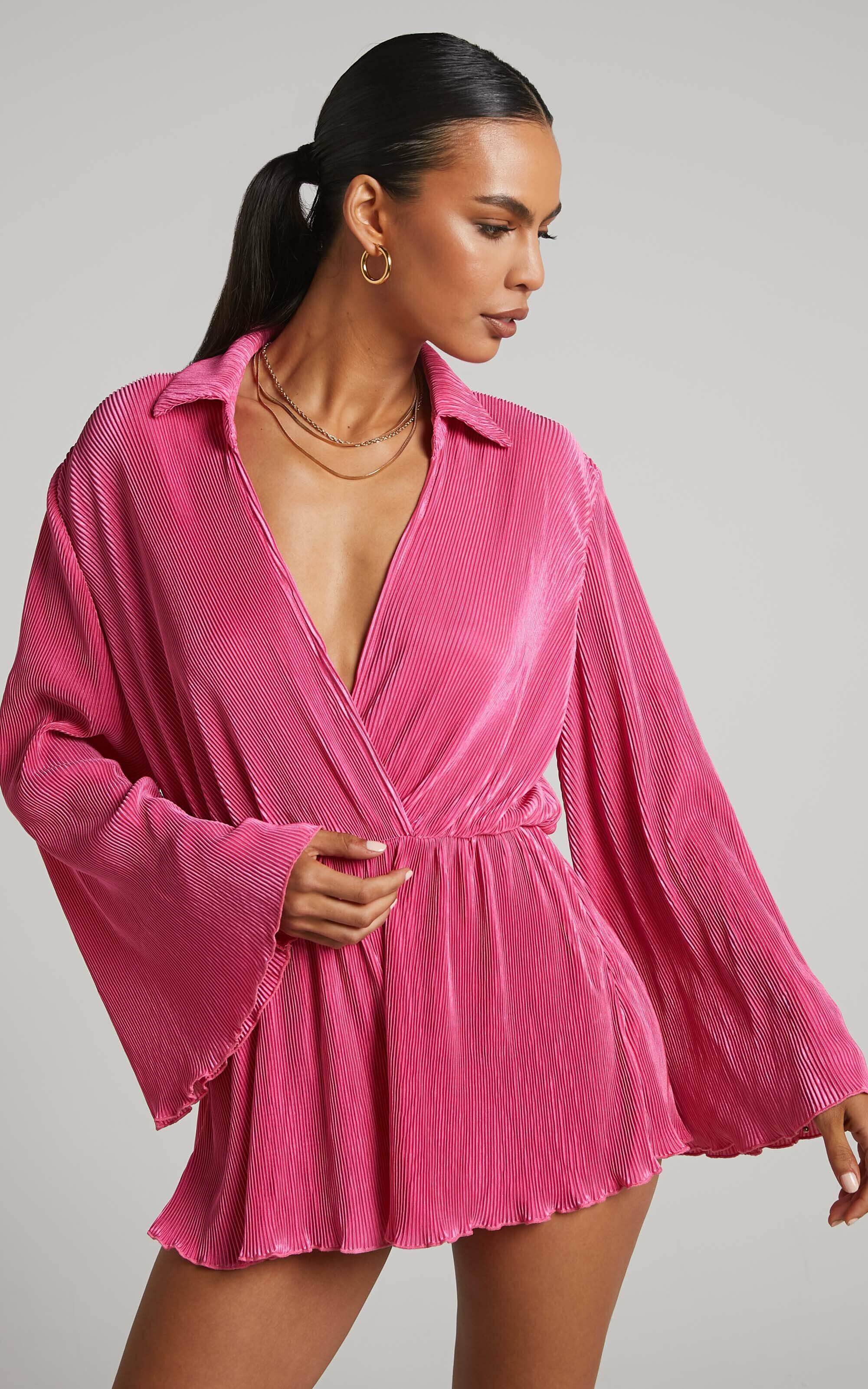 Elowen Playsuit Plisse Collared Long Sleeve Playsuit in Pink Showpo EU