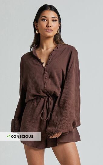 Laylani Playsuit - V Neck Puff Sleeve in Chocolate
