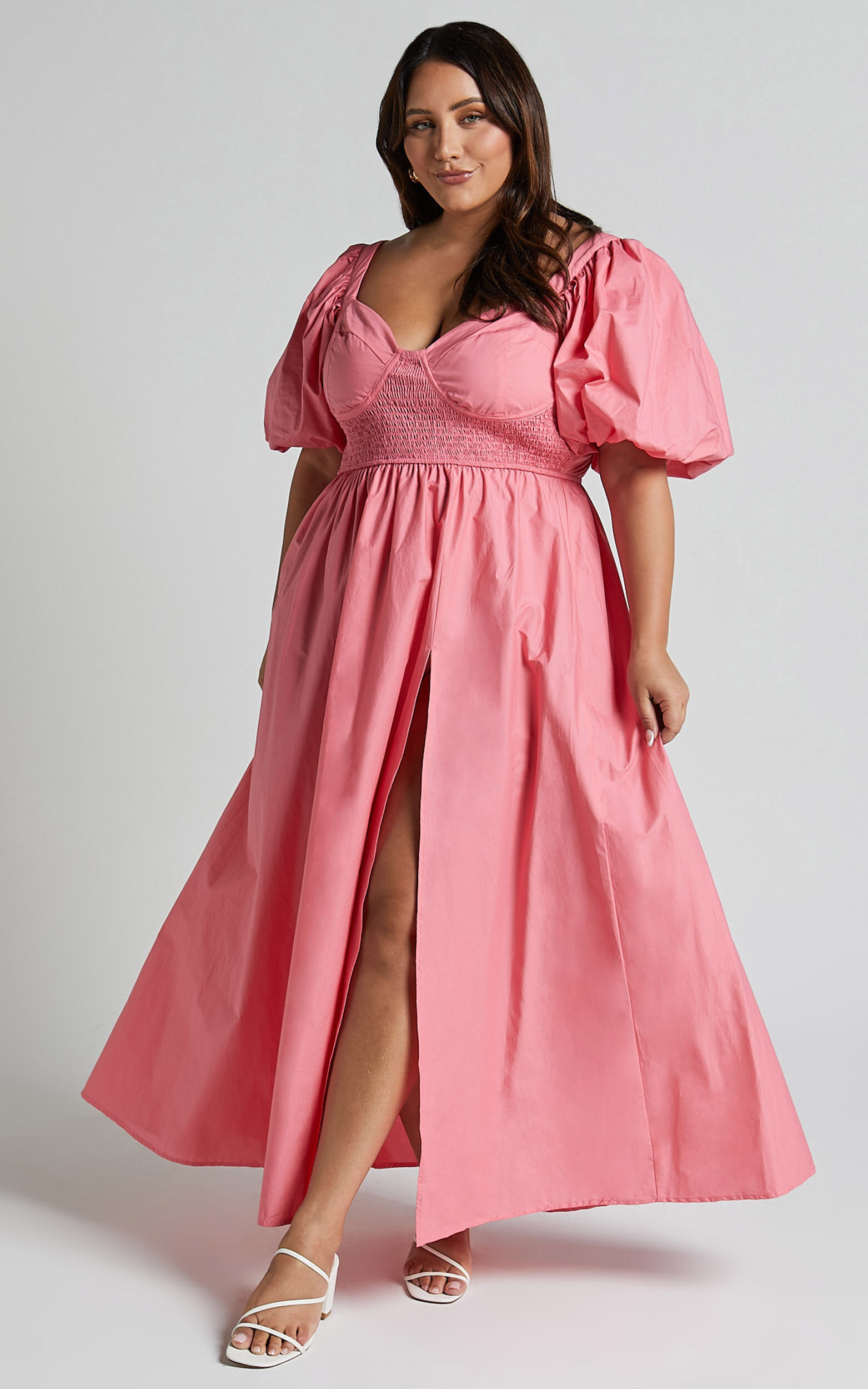 Raiza Midi Dress - Shirred Waist Puff Sleeve Dress in Coral