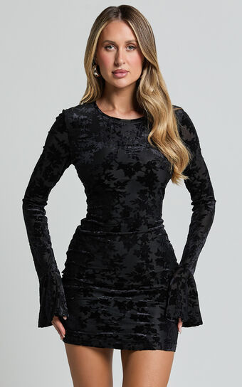 Paula Mini Dress - Burnout Flounce Sleeve Bodycon Dress in Black