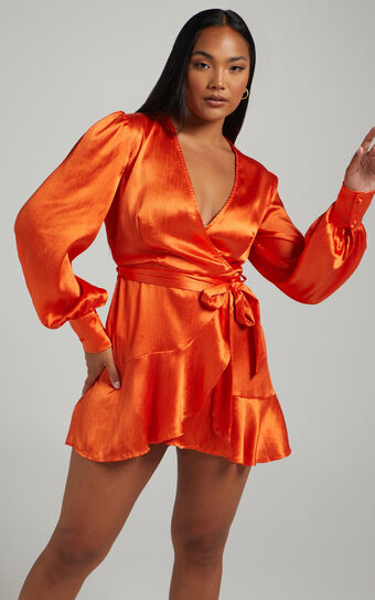Francille Mini Dress - Long Sleeve Wrap Dress in Orange