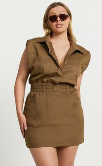 Dana Mini Dress - Collared Button Front Utility Dress in Khaki