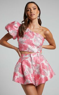 Brailey Two Piece Set - One Shoulder Puff Sleeve Top and Shorts Set in Light Pink Jacquard