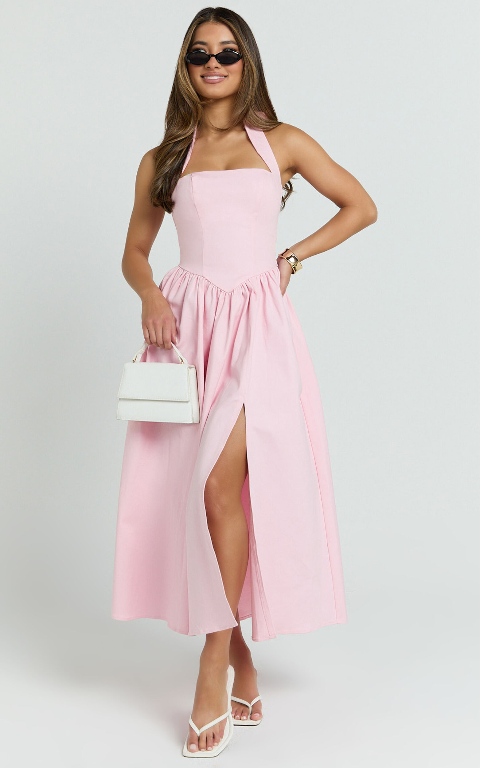 Helda Midi Dress - Halter Tie Neck Corset Panel Dress in Pink - 06, PNK1