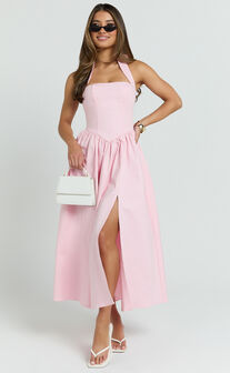 Helda Midi Dress - Halter Tie Neck Corset Panel Dress in Pink