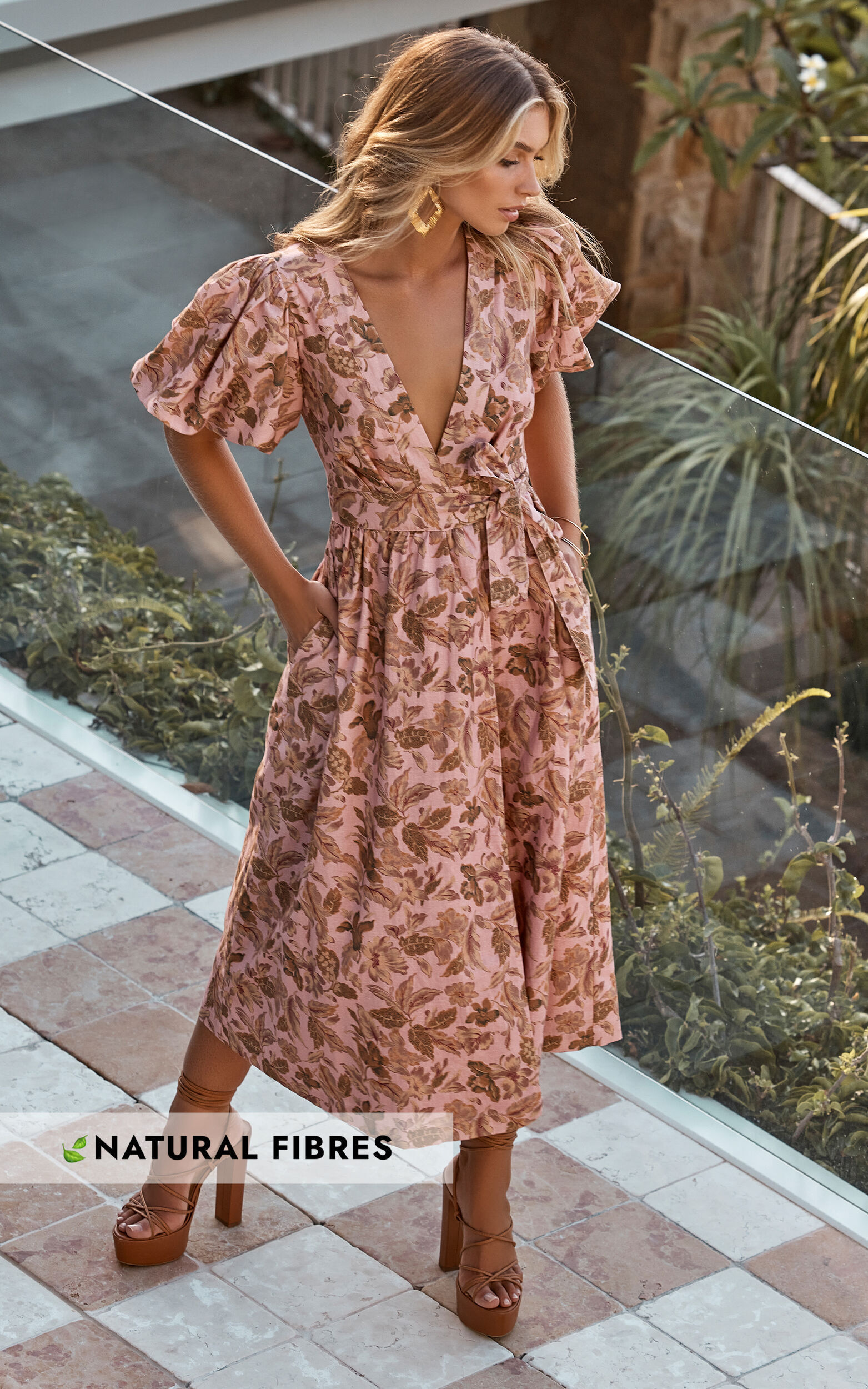 Amalie The Label Franc Linen Puff Sleeve Wrap Midi Dress in Vahala Print