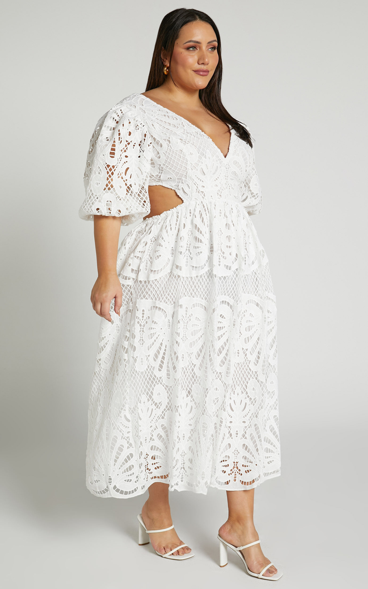 Anieshaya Midi Dress - V Neck Cut Out Lace Dress in White | Showpo USA