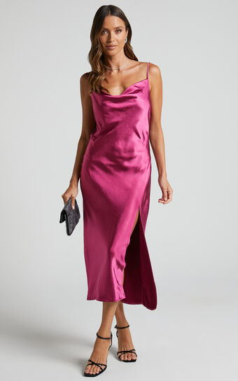 Sherrie Midi Dress - Cowl Neck Open Back Satin Dress in Berry