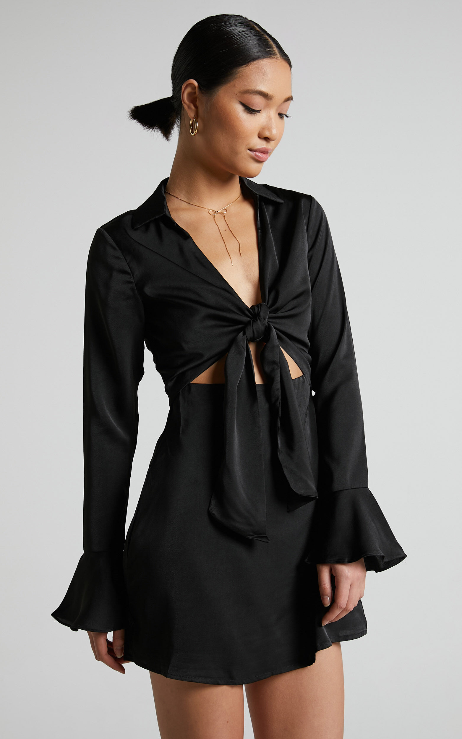 Varvey Mini Dress - Tie Front Long Sleeve Dress in Black | Showpo