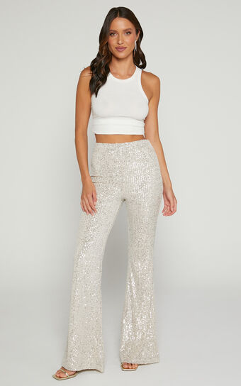 Deliza Pants - Mid Waisted Sequin Flare Pants in Champagne