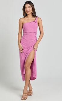 Finley Midi Linen Dress - Linen Feel One Shoulder Ruched Dress in Orchid