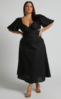 Amalie The Label - Janae Linen Blend Puff Sleeve Cut Out Midi Dress in Black