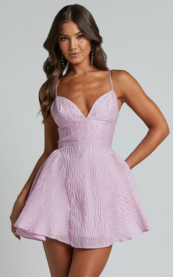 Brandi Mini Dress - Bust Cup Full Hem Textured Jacquard Mini Dress in Light Pink