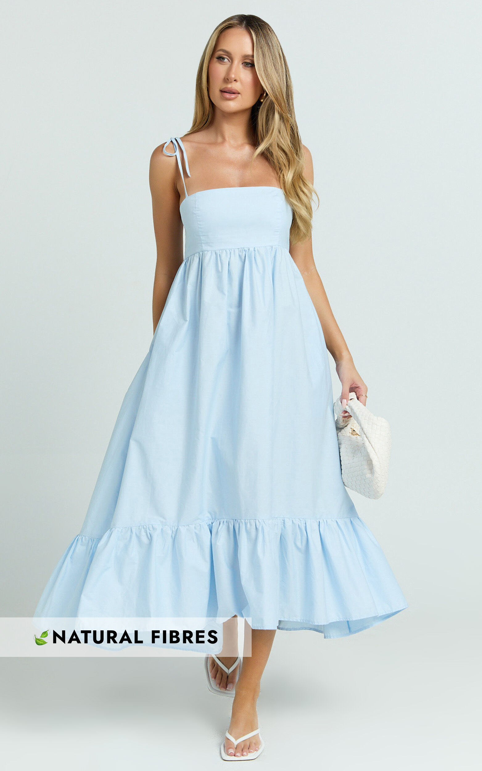 Aveiro Midi Dress - Straight Neck Shoulder Tie High Low Ruffle Hem in Soft Blue - 06, BLU1