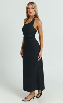 Lindley Midi Dress - Halter Neck Linen Look Dress in Black