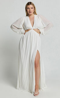 Paige Maxi Dress - Side Cut Out Balloon Sleeve Dress in White