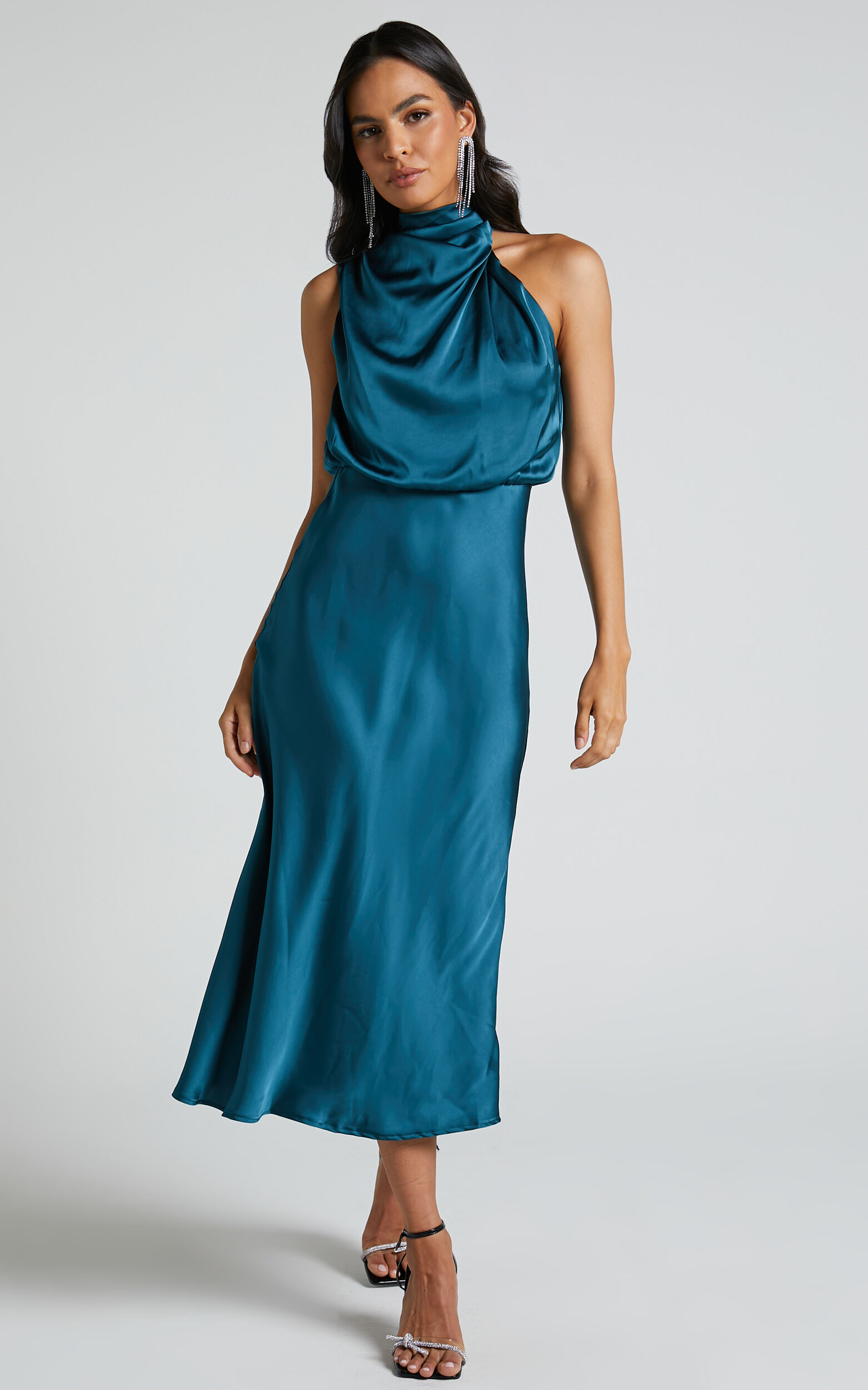 Minnie Midi Dress Drape Neck Satin Slip Dress in Teal