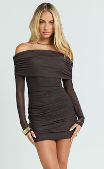 Clyde Mini Dress - Mesh Off Shoulder Ruched Bodycon Dress in Chocolate