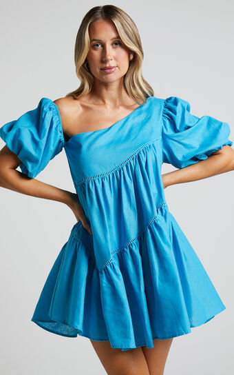 Harleen Mini Dress - Linen Look Asymmetrical Trim Puff Sleeve Dress in Blue