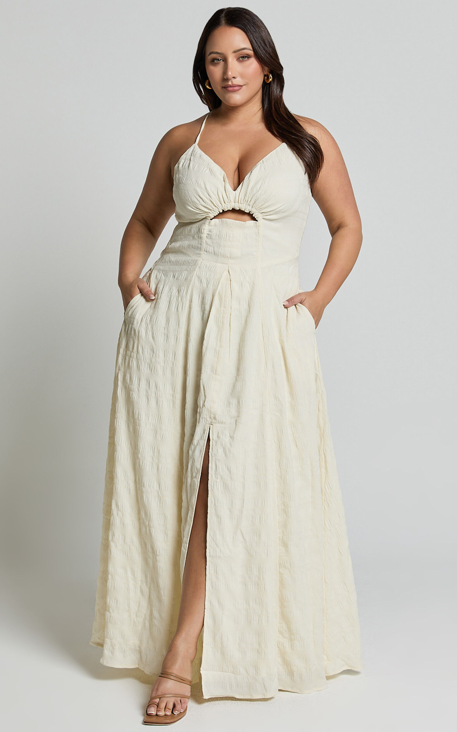 Marisse Maxi Dress Cut Out Front Split Cross Back Textured Dress in Cream Showpo USA