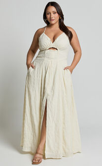 Marisse Maxi Dress - Cut Out Front Split Cross Back Textured Dress in Cream