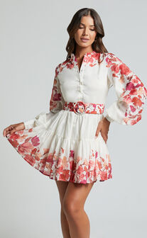 Becky Mini Dress - Long Bishop Sleeve Tiered Dress in Wildflower Print