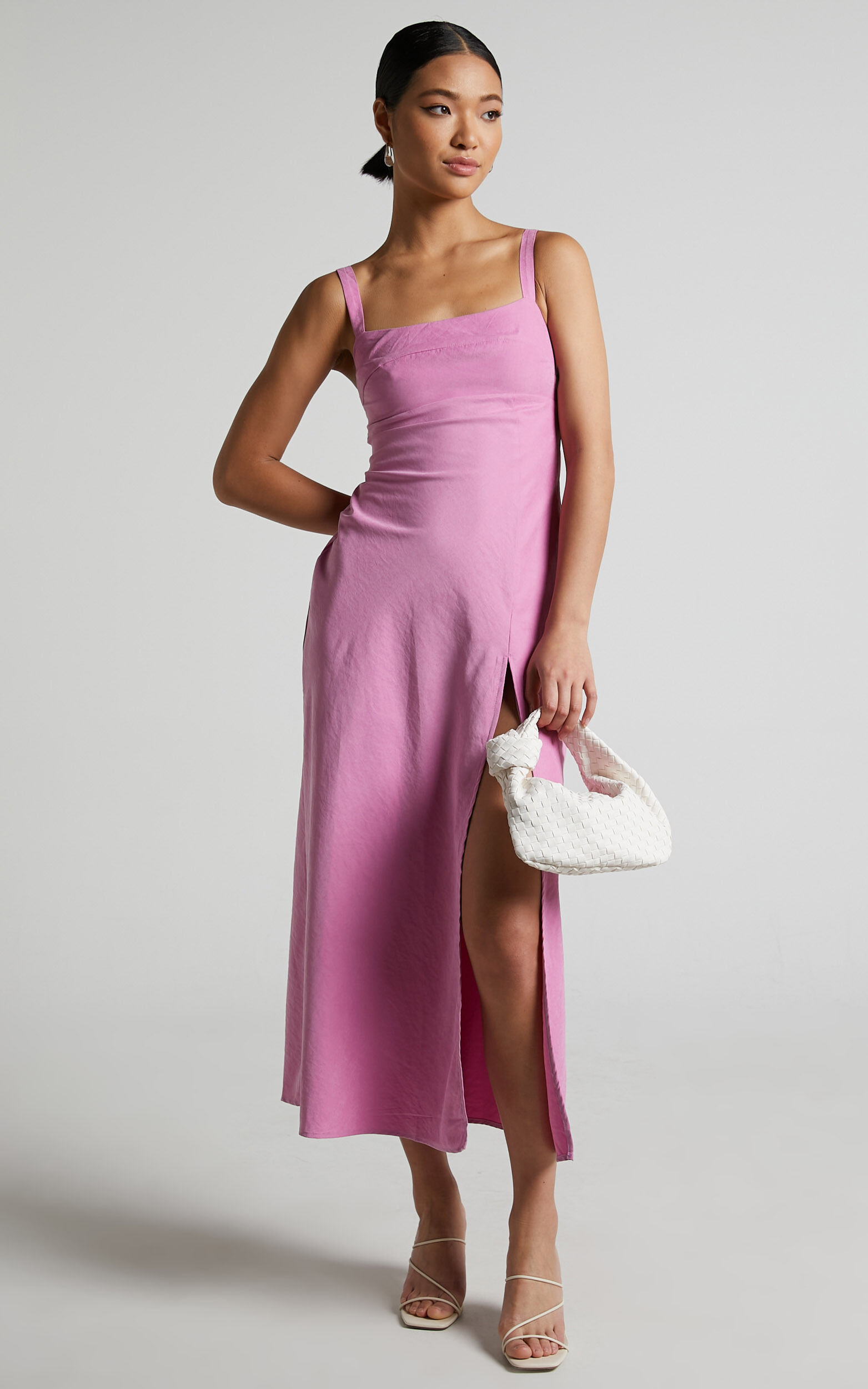 Niobe Midi Dress - Square Neck Thigh Split Slip Dress in Pink