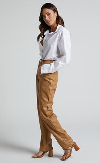 Dilyenne Pant - Mid Waist Straight Leg Faux Leather Pant in Beige