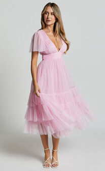 Jiraye Midi Dress - Flutter Sleeve Tuelle Plunge Dress in Ballet Pink