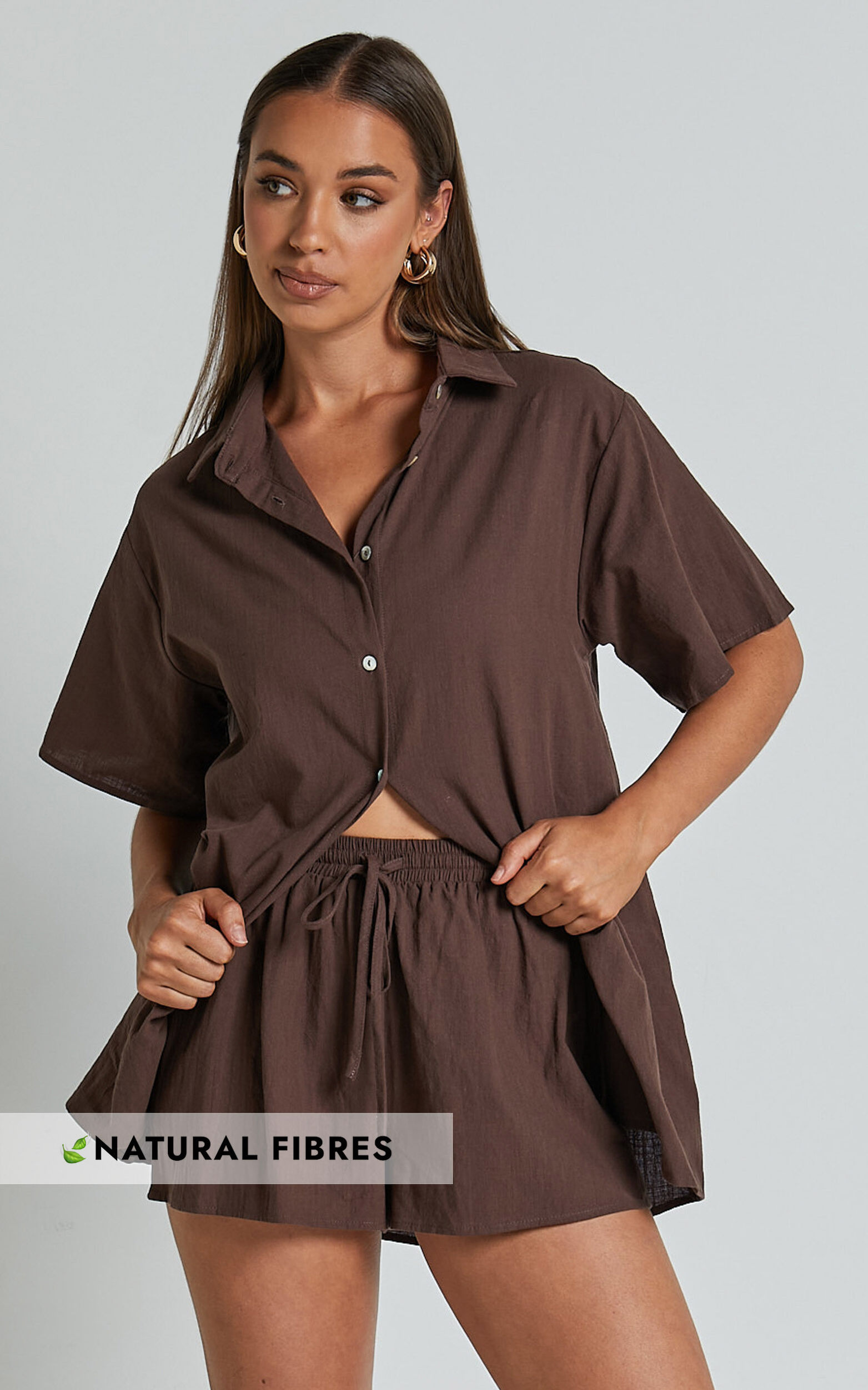 Vina Del Mar Two Piece Set - Linen Look Shirt and Shorts Set in Chocolate - 20, BRN1