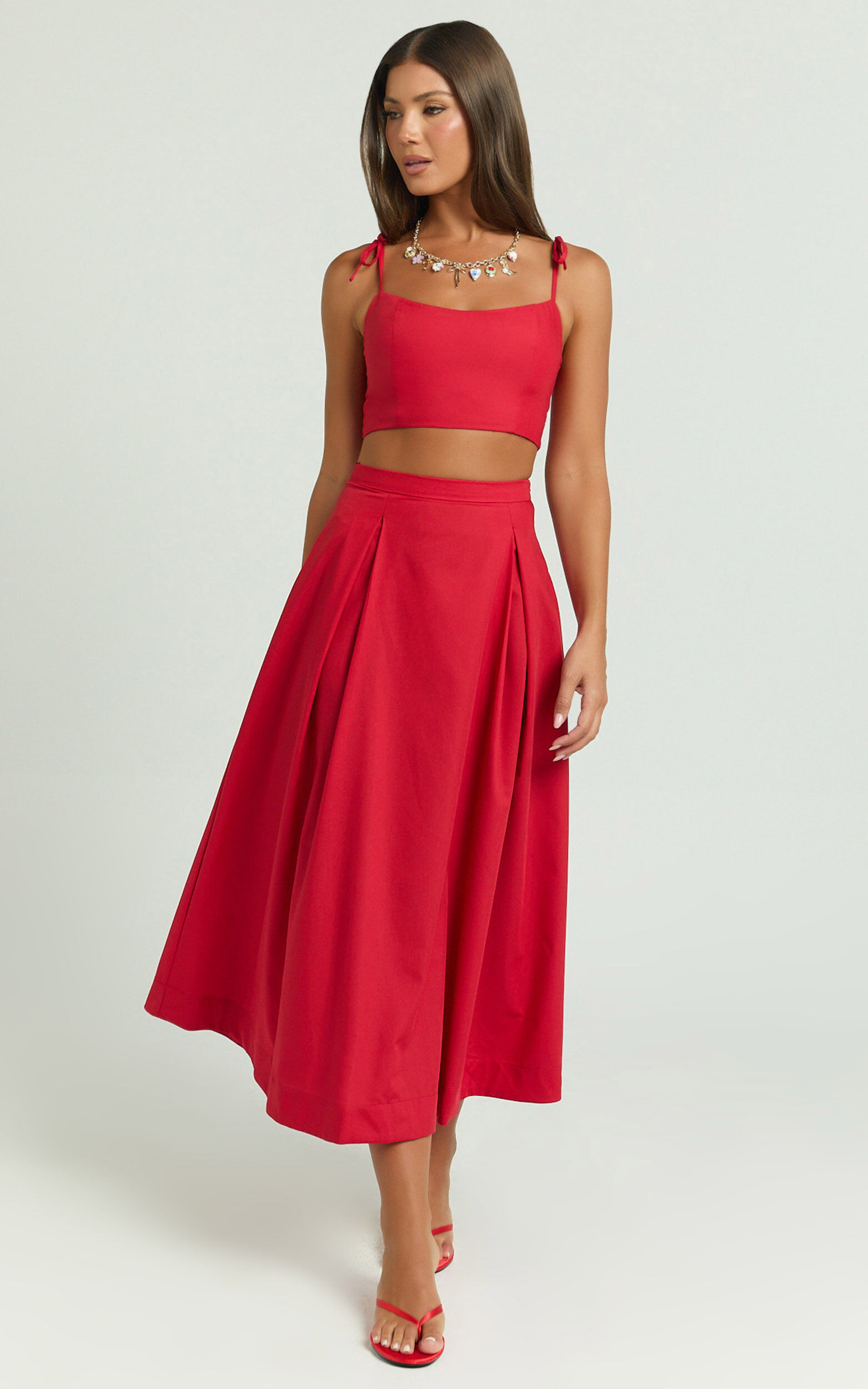 Rosalee Two Piece Set - Strappy Crop Top and High Waisted A Line Midi Skirt Set in Red - 04, RED1