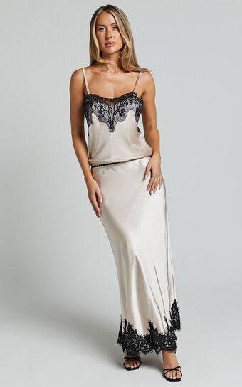 Zareena Midi Skirt - Lace Trim Slip Skirt in Oyster