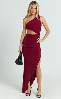 Kala Midi Dress - One Shoulder Cut Out Side Split Dress in Wine