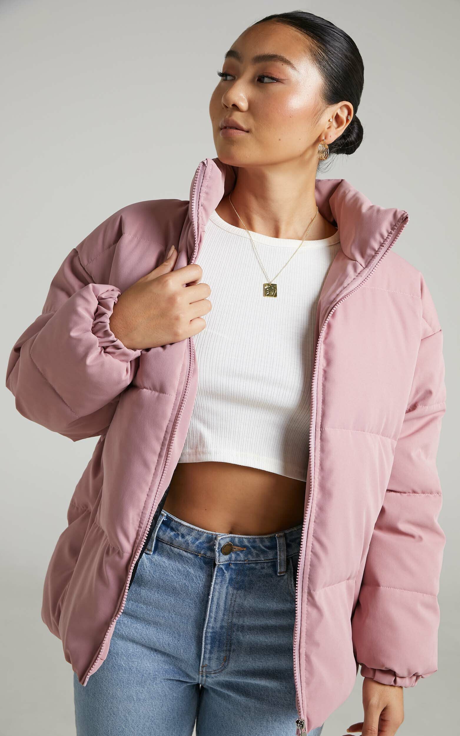 Frankelle Zip Front Quilted Puffer Jacket in Peach Showpo