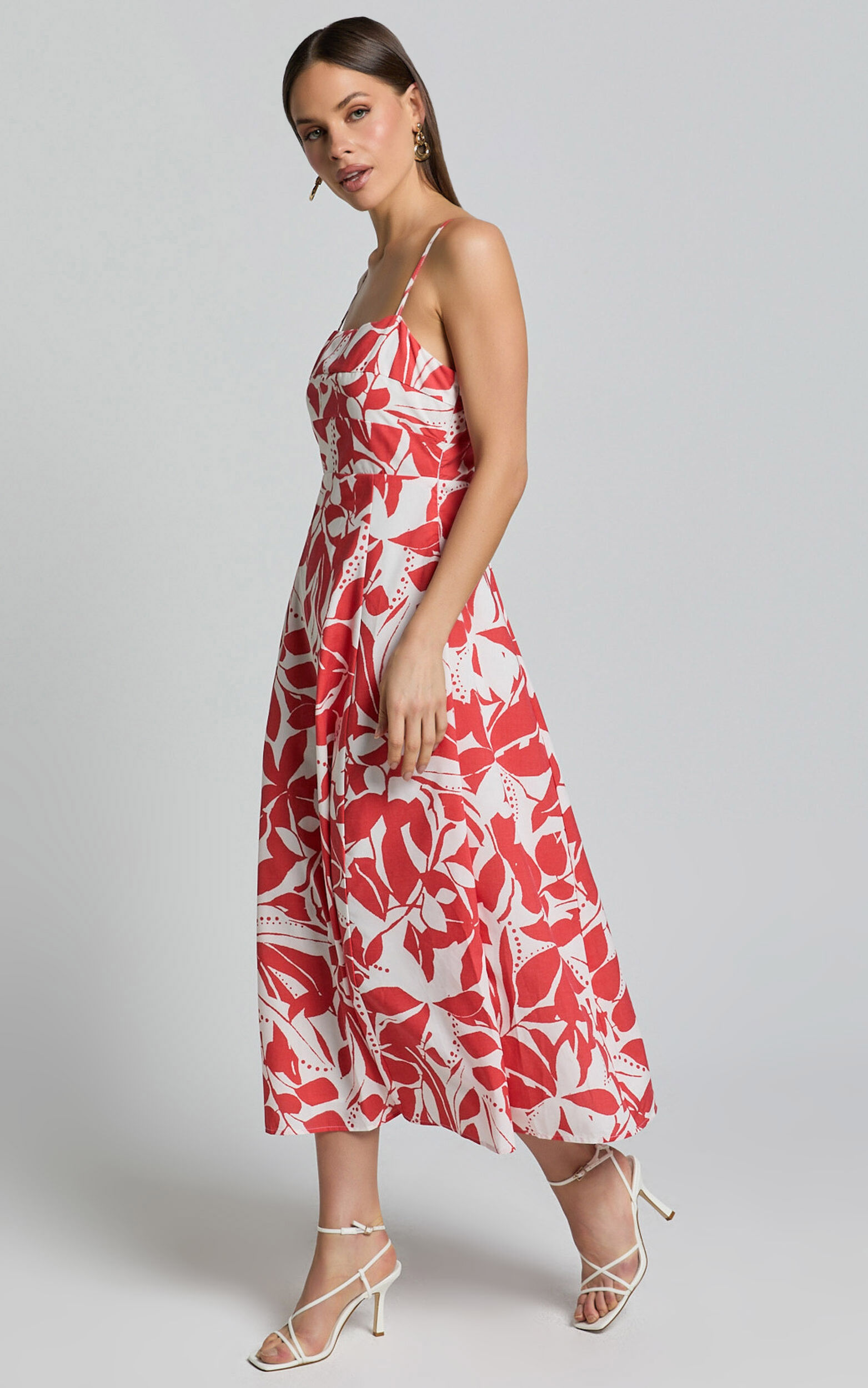 Nylia Midi Dress - Strappy Fit and Flare Dress in Red Floral | Showpo USA